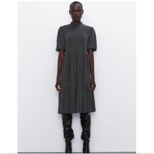 Zara soft knit mock neck short puff sleeve dress ruffle hem Grey Medium